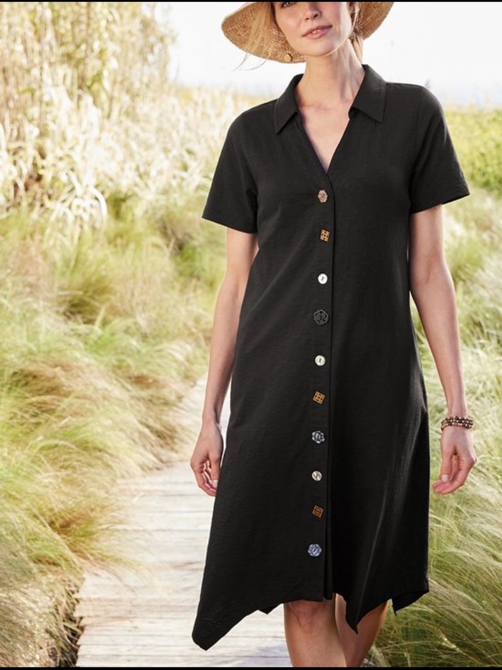 Soft Surroundings Black Danielle 3/4 Sleeve Dress Cotton Asymmetrical size 1X